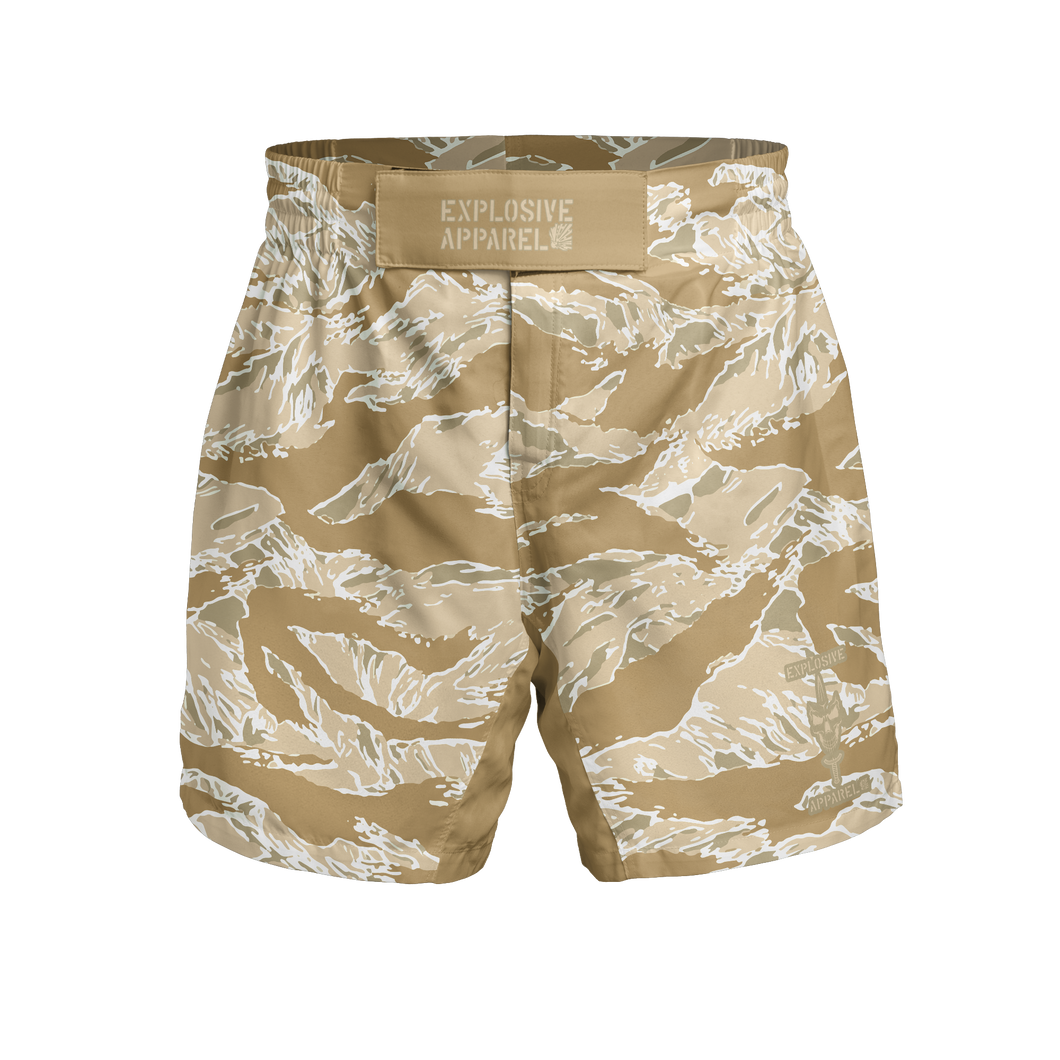 Explosive Fight Shorts - Desert Tiger Stripe (Elastic Waistband)